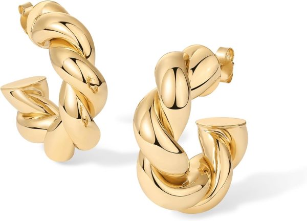 Gold Plated Chunky Twisted Puffed Rope Hoop Earrings for Women | Gold Earring Pair - Image 3