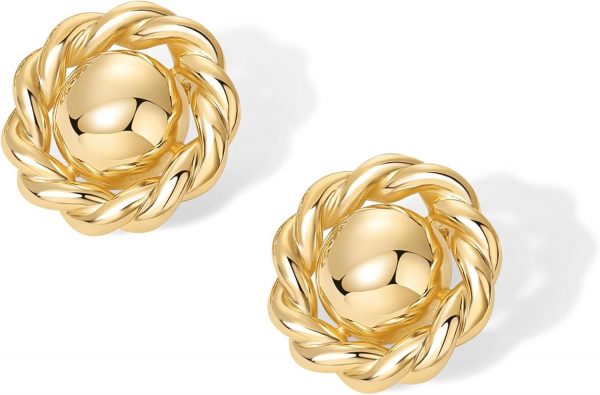 Gold Plated Chunky Vintage Earrings for Women - Trendy Textured Ribbed Knot Geometric Triangle Rope Button Seashell Wing Dangle Drop Stud Earrings Dupes - Image 3